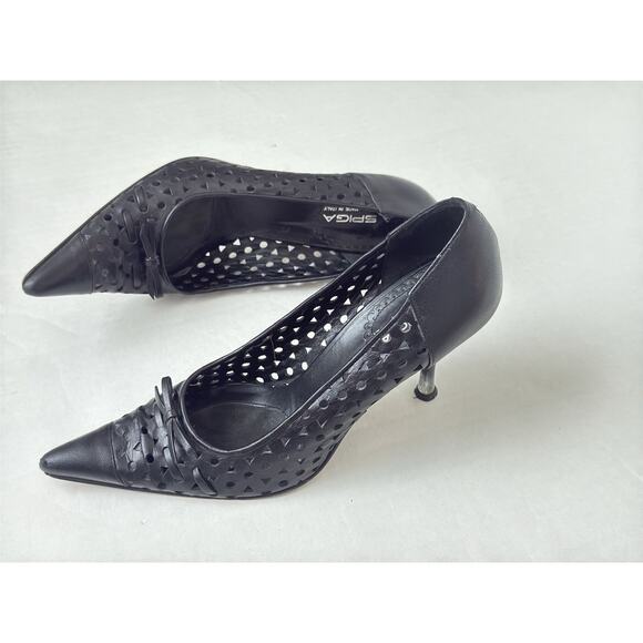 Vintage Via Spiga Made in Italy Pumps Stiletto Black Leather Cutout Bow 8M Y2K - Picture 1 of 15